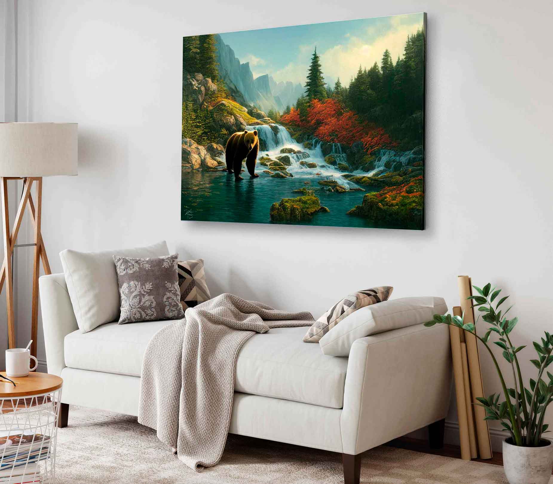 Bella Home Bear By River Mountains Painting Print Canvas Ready to hang