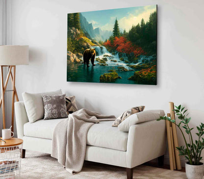 Bella Home Bear By River Mountains Painting Print Canvas Ready to hang