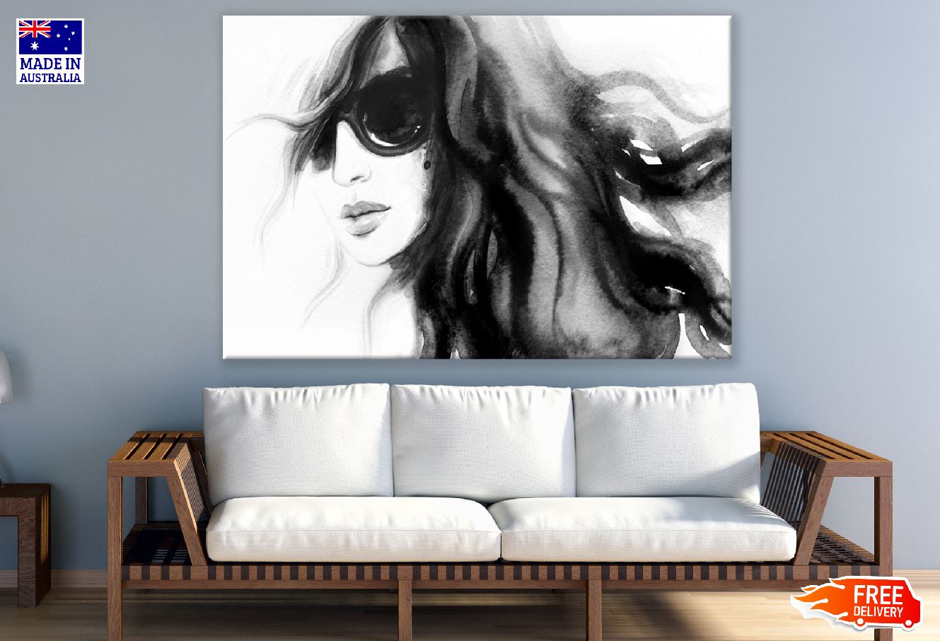 Young Women With Sunglasses & Long Hair B&W Watercolor Painting Print 100% Australian Made