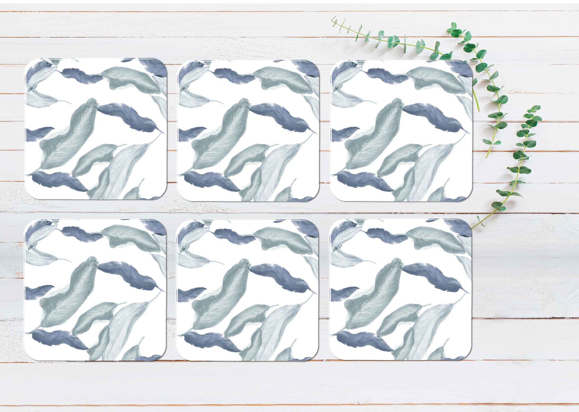 Blue Abstract Leaves Coasters Wood & Rubber - Set of 6 Coasters