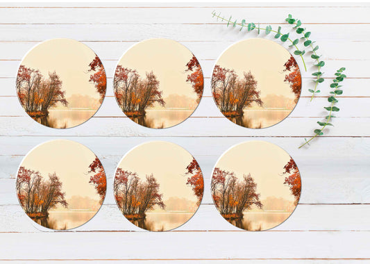 Autumn Lake in The Park Evening View Coasters Wood & Rubber - Set of 6 Coasters