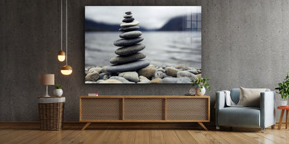 Zen Rocks near Lake Print Tempered Glass Wall Art 100% Made in Australia Ready to Hang