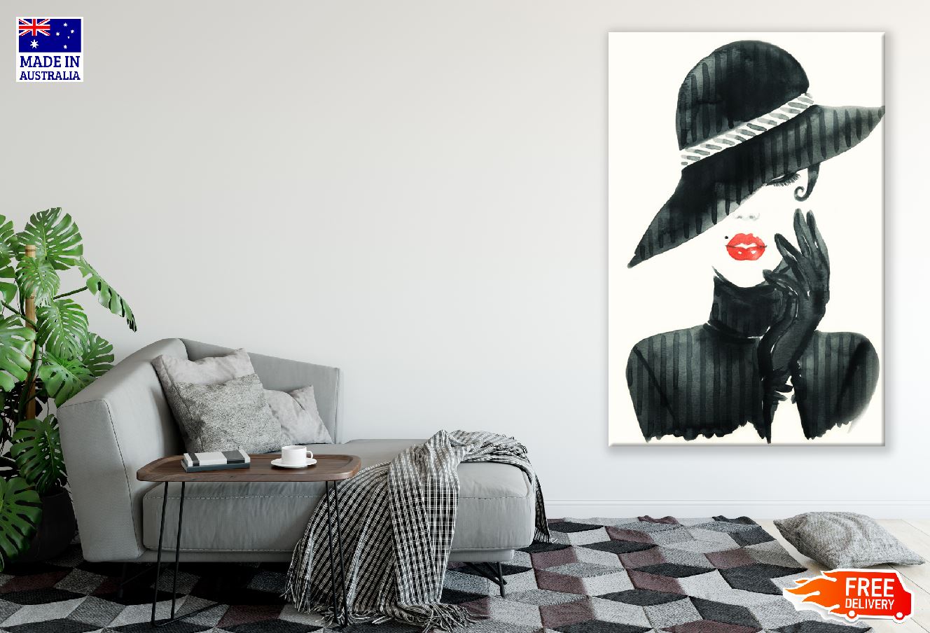 Woman with Elegant Hat B&W Abstract Design Print 100% Australian Made