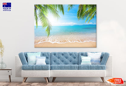 Palm Leaves Near Sandy Blue Sea Photograph Print 100% Australian Made