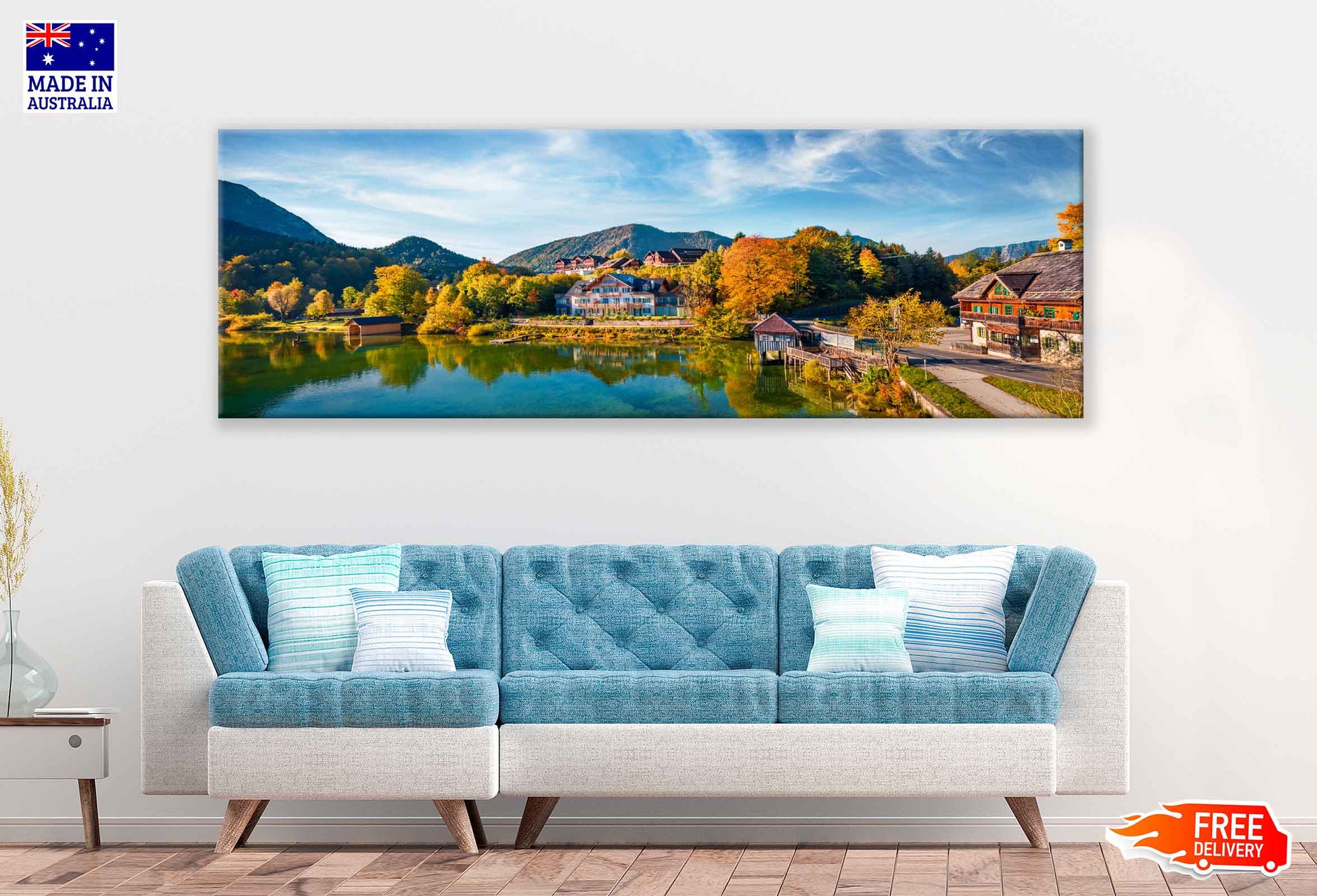 Panoramic Canvas Grundlsee Village & Lake Scenery Photograph High Quality 100% Australian Made Wall Canvas Print Ready to Hang