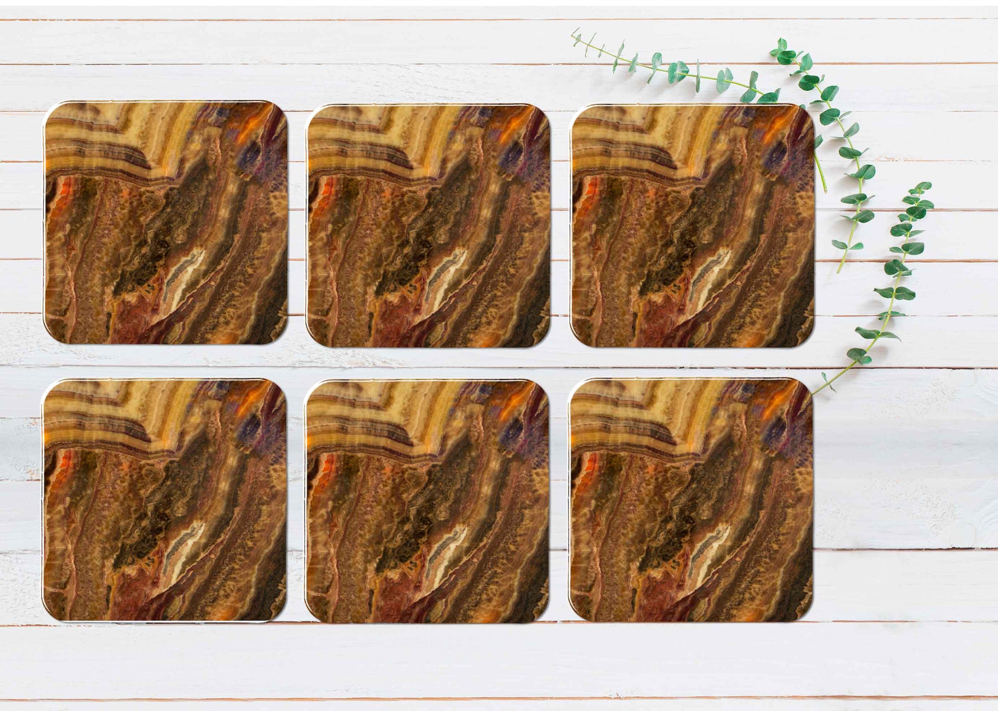 Golden Brown Abstract Coasters Wood & Rubber - Set of 6 Coasters