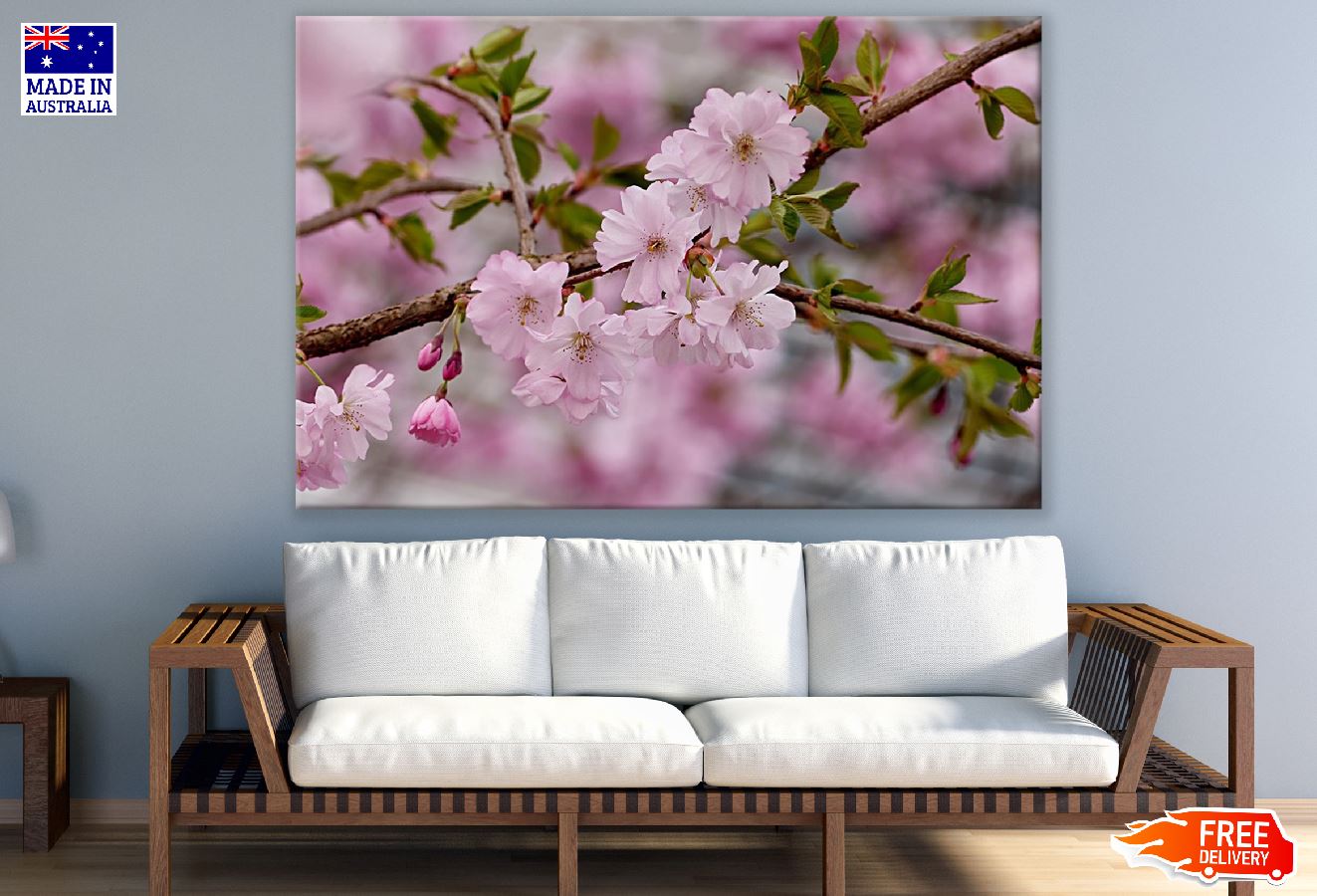 Pink Cherry Blossom Flowers with Leaves Photograph Print 100% Australian Made