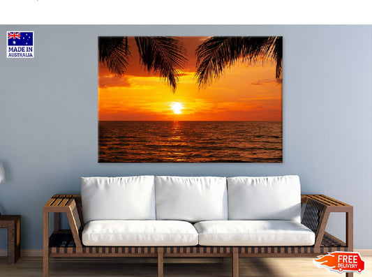 Palm Tree Leaves & Sunset on Sea View Photograph Print 100% Australian Made