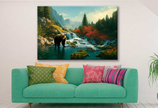 Bella Home Bear By River Mountains Painting Print Canvas Ready to hang