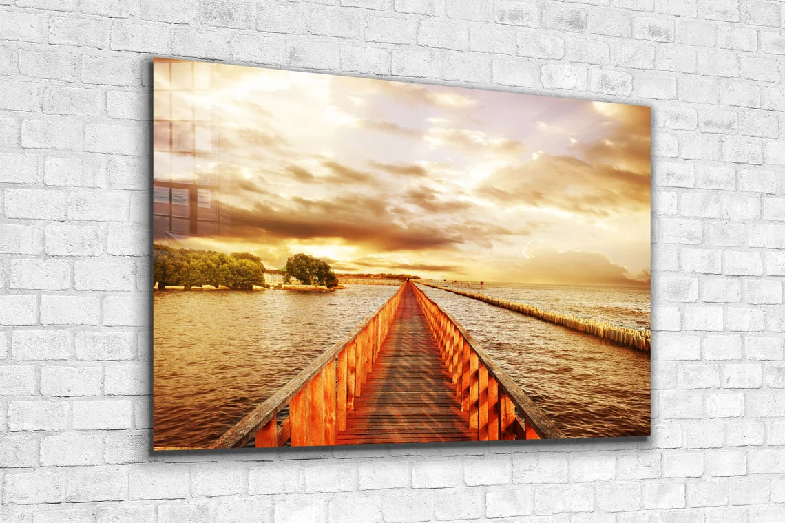 Wooden Path on Sea Print Tempered Glass Wall Art 100% Made in Australia Ready to Hang