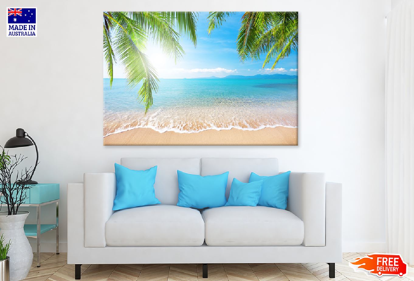 Palm Leaves Near Sandy Blue Sea Photograph Print 100% Australian Made