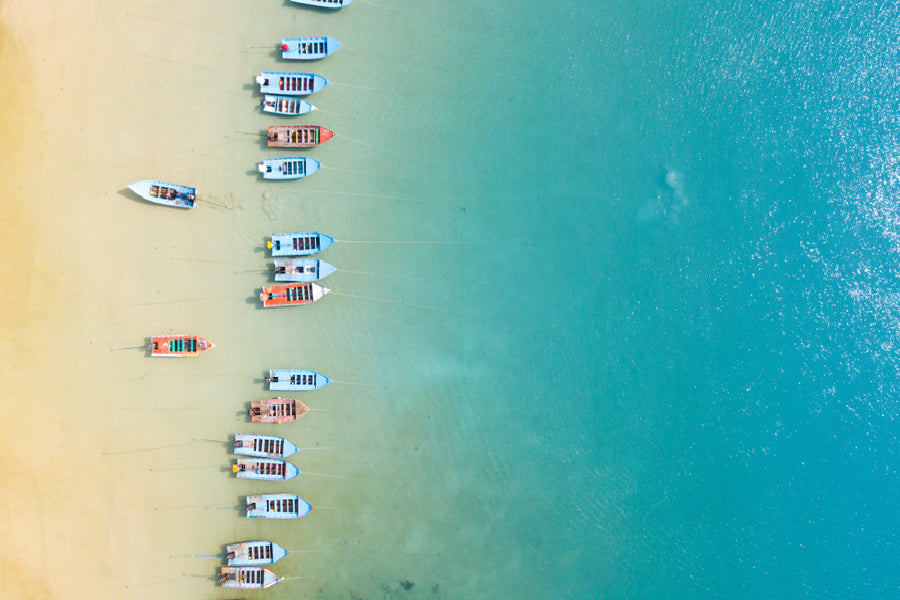 Boats on Sand Beach of Thailand Aerial View Print 100% Australian Made