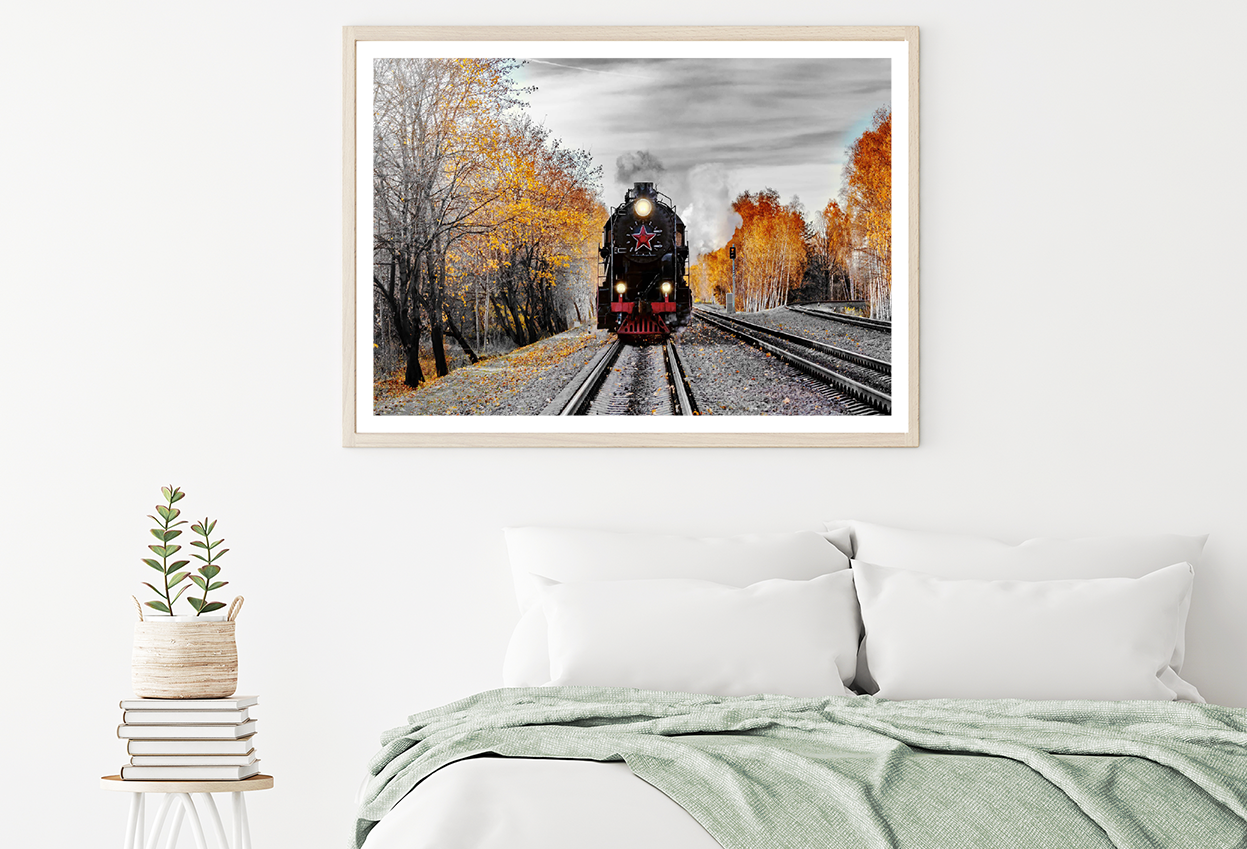 B&W Train & Autumn Trees Photograph Home Decor Premium Quality Poster Print Choose Your Sizes