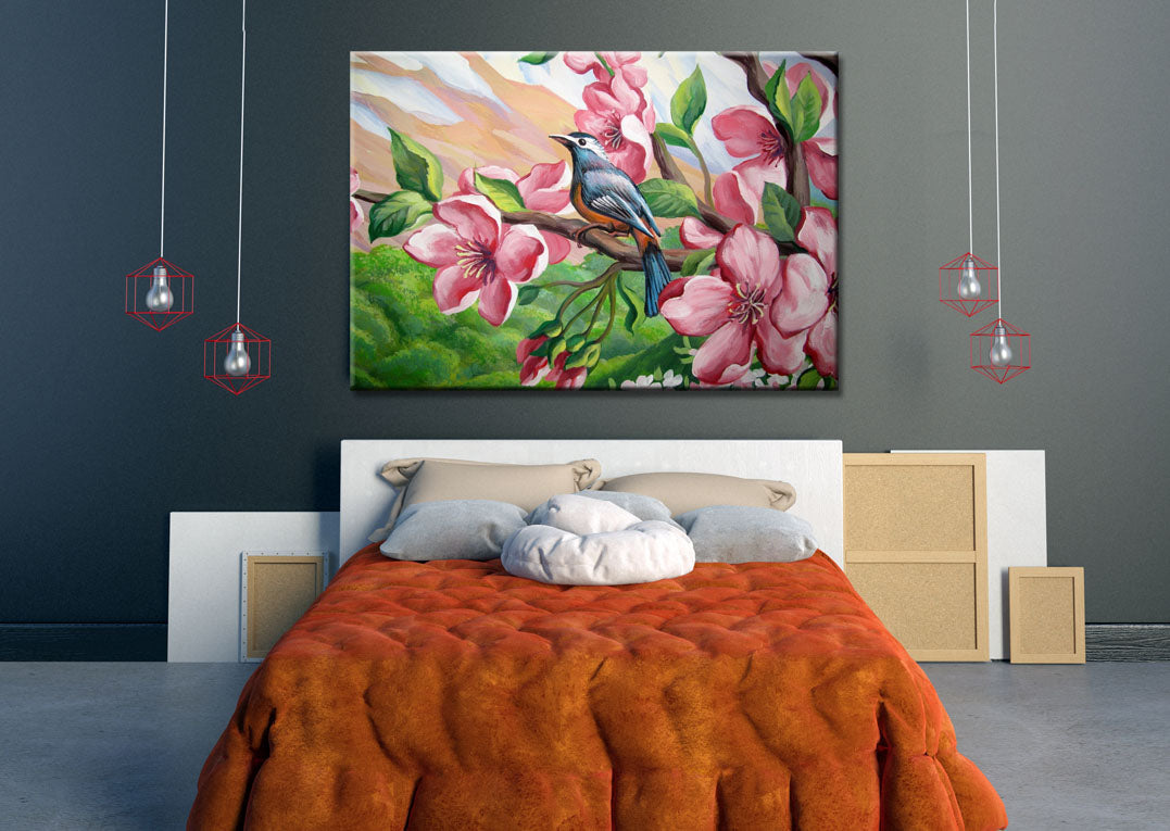 Peony flowers and Bird Stunning Painting Print 100% Australian Made