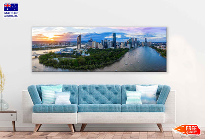 Panoramic Canvas Brisbane Skyline With Buildings High Quality 100% Australian Made Wall Canvas Print Ready to Hang