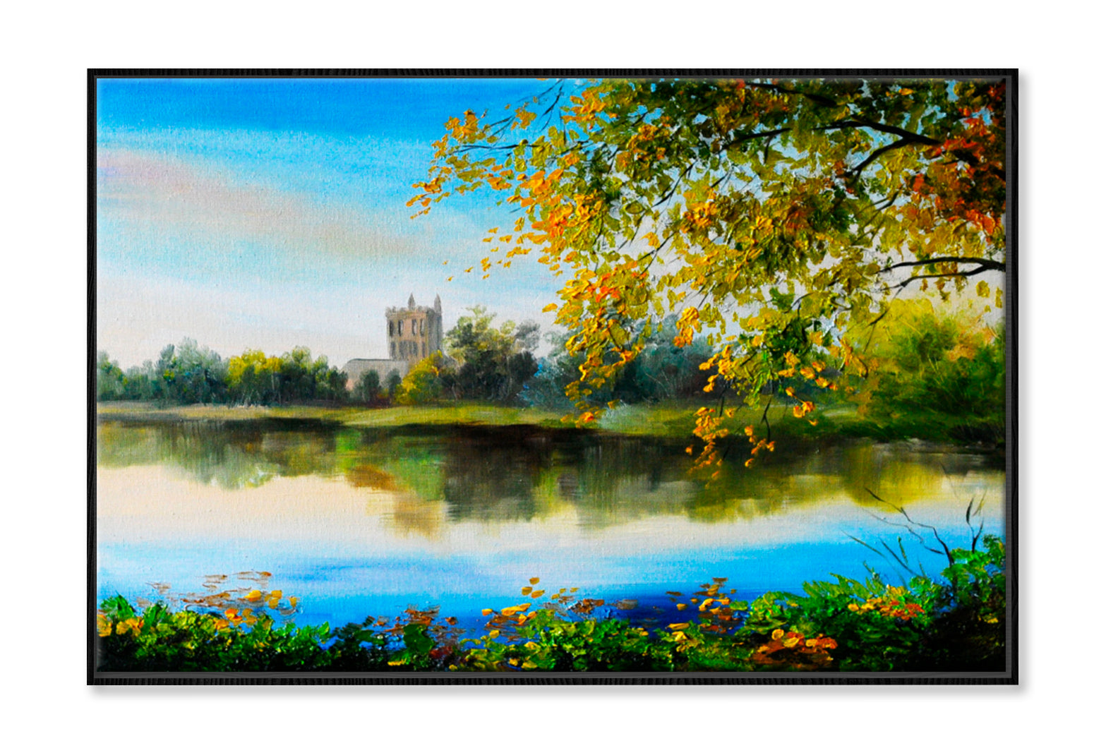 Castle Near Lake, Tree Over The Water Oil Painting Wall Art Limited Edition High Quality Print Canvas Box Framed Black