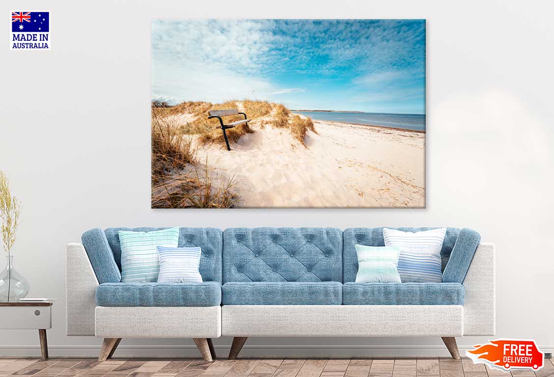 Bench on Sand Beach Photograph South Sweden Print 100% Australian Made
