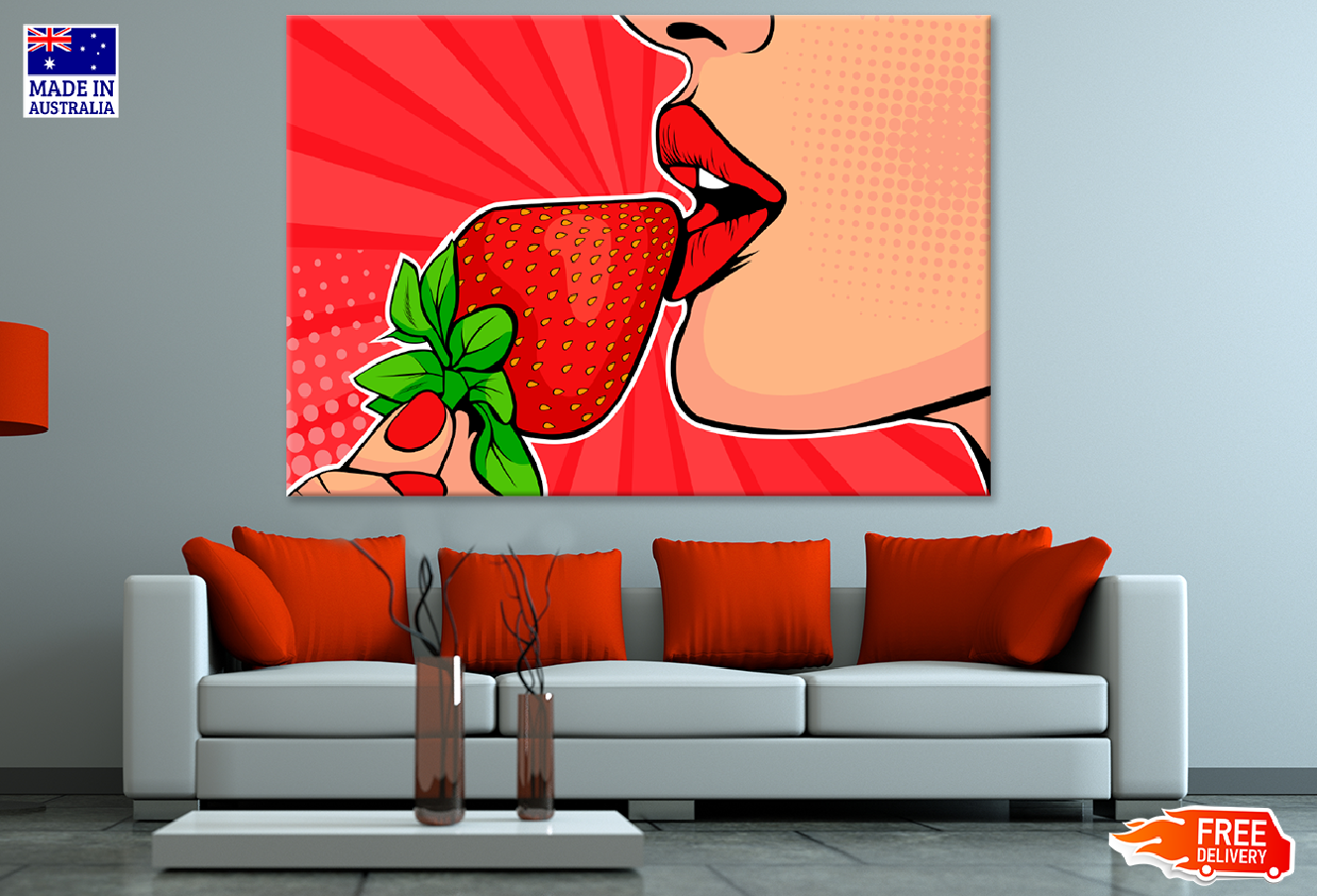 Girl Eating Strawberry Closeup Illustration Print 100% Australian Made