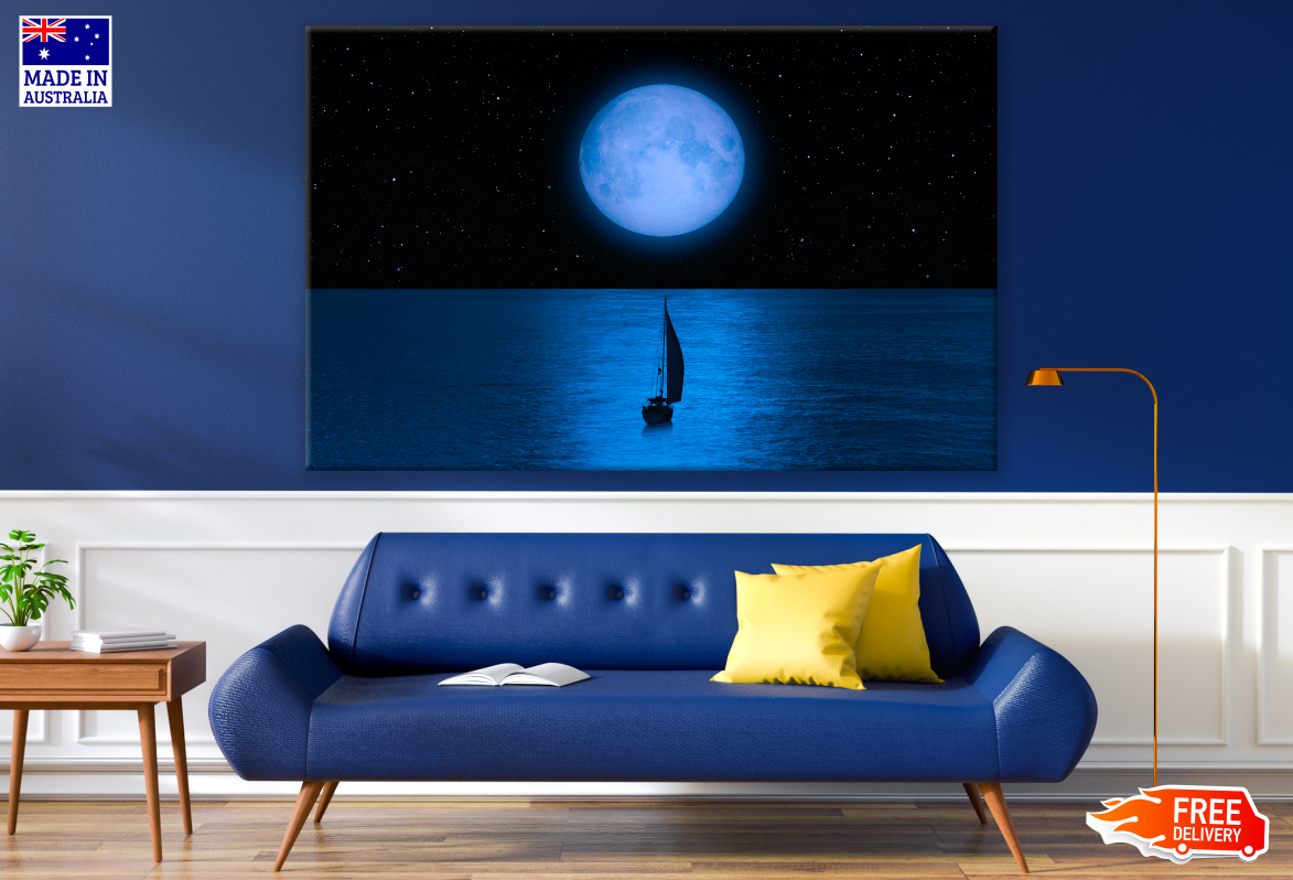 Boat Sailing On Sea Moonlight Night Photograph Print 100% Australian Made