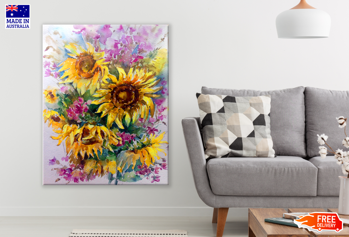 Sunflower Bouquet on Abstract Bright Coloured Background Print 100% Australian Made