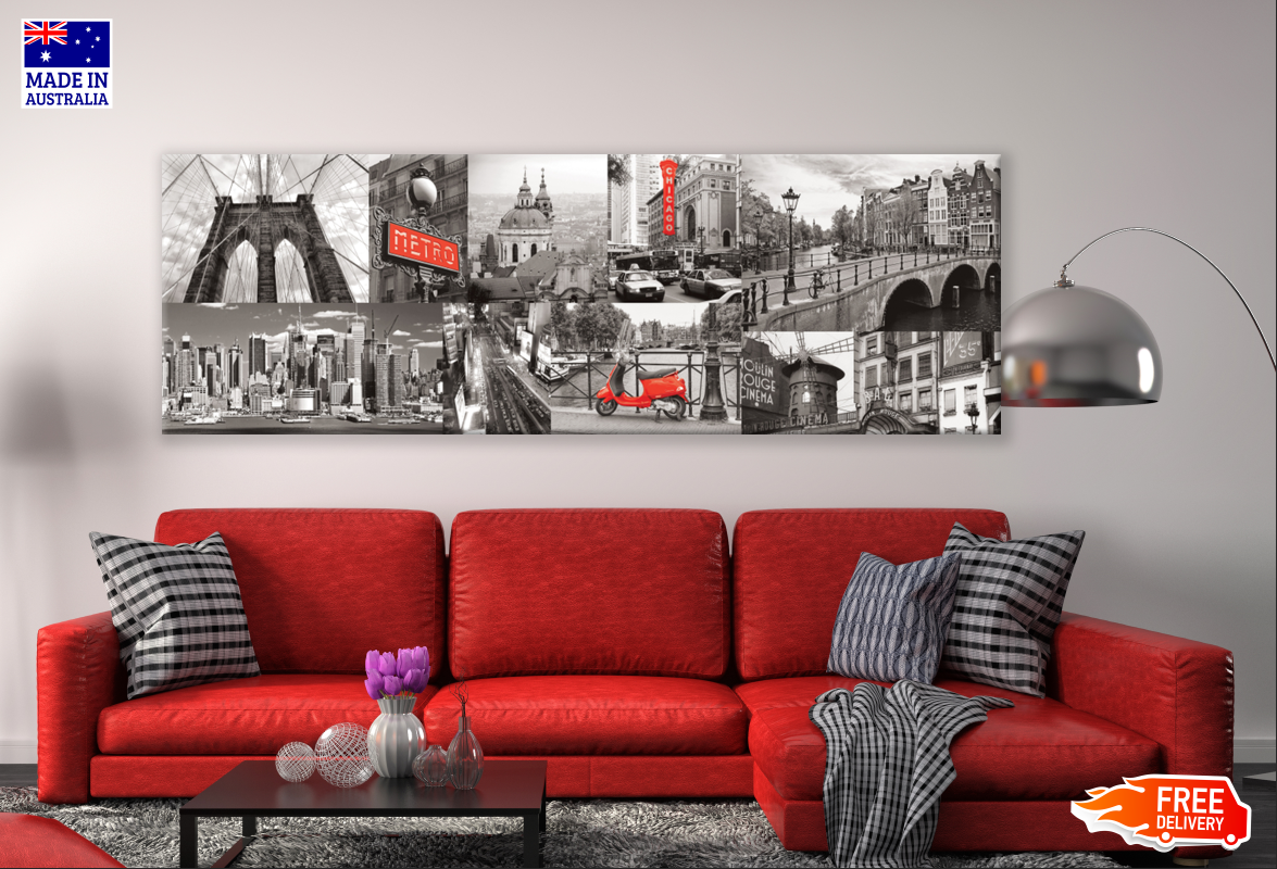 Panoramic Canvas B&W Red City Images High Quality 100% Australian made wall Canvas Print ready to hang