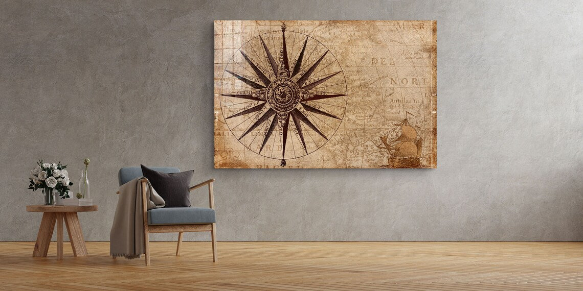 Vintage Compass Vector Print Tempered Glass Wall Art 100% Made in Australia Ready to Hang