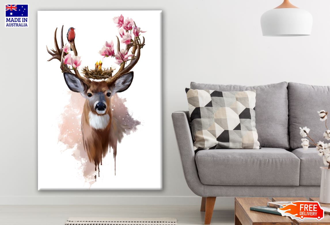 Deer & Flowers Portrait Watercolor Painting Print 100% Australian Made