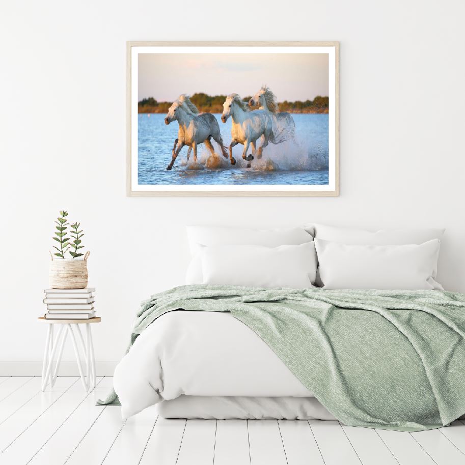White Horses Running on Beach Home Decor Premium Quality Poster Print Choose Your Sizes