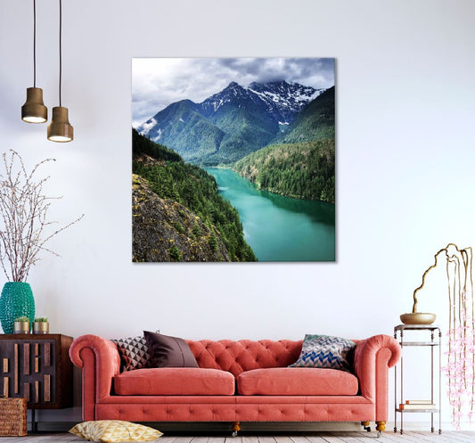 Square Canvas Diablo Lake & Forest Mountain View Photograph High Quality Print 100% Australian Made