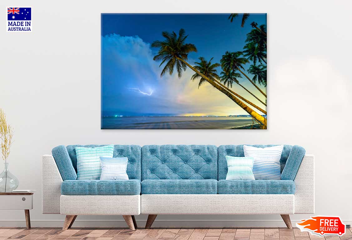Palm Trees near Sea & Lighting on Sky View Photograph Print 100% Australian Made