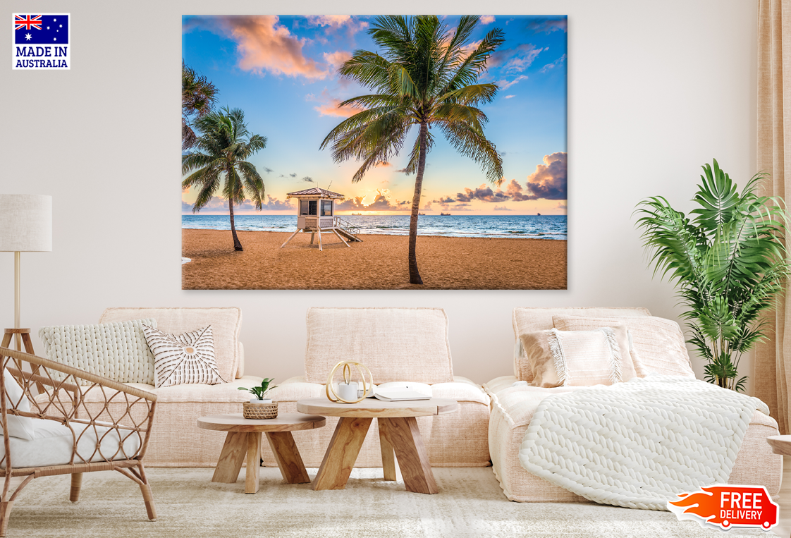 Palm Trees & Beach Huts Sea View Print 100% Australian Made