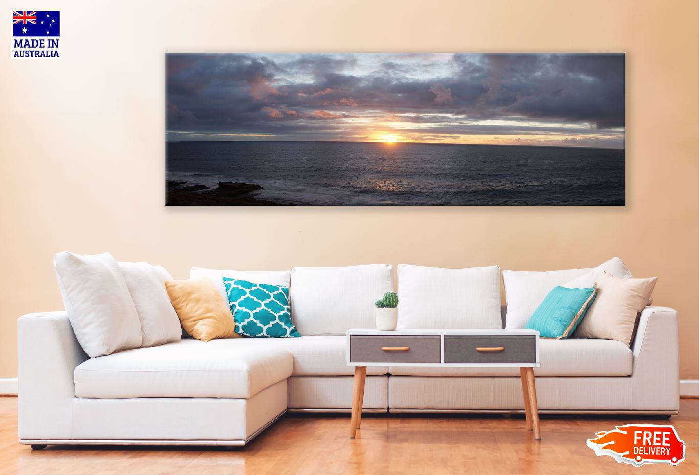 Panoramic Canvas Dark Cloudy Sky Sea View Photograph High Quality 100% Australian Made Wall Canvas Print Ready to Hang