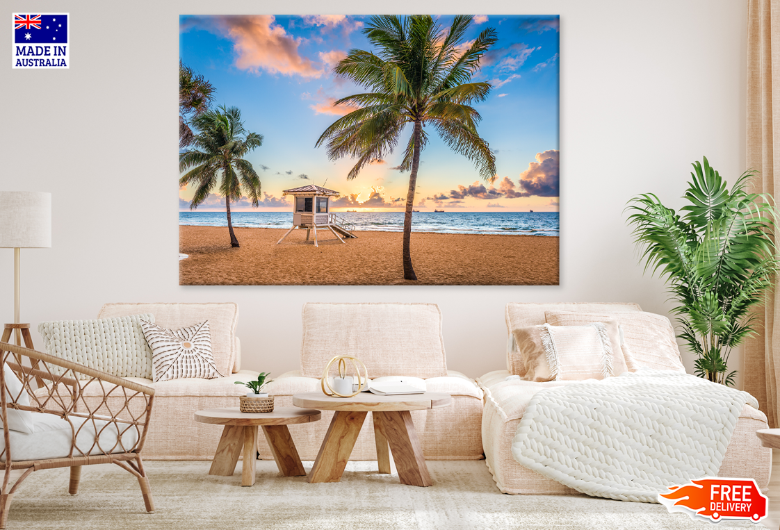 Palm Trees & Beach Huts On Sea View Print 100% Australian Made