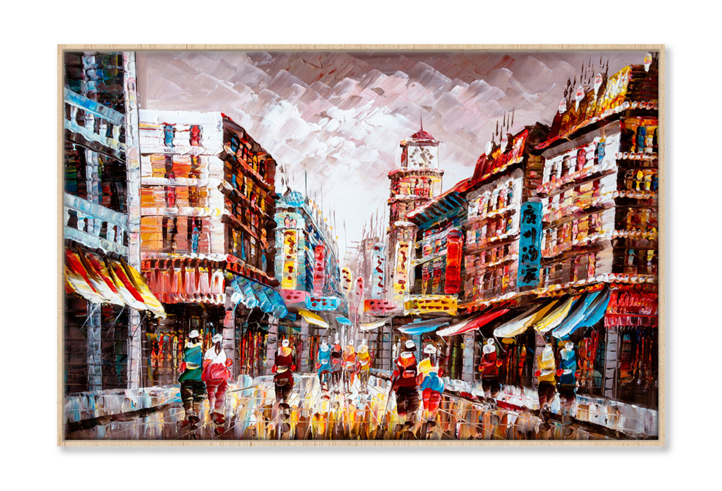 People Walking in Street of Hong Kong Oil Painting Wall Art Limited Edition High Quality Print Canvas Box Framed Natural