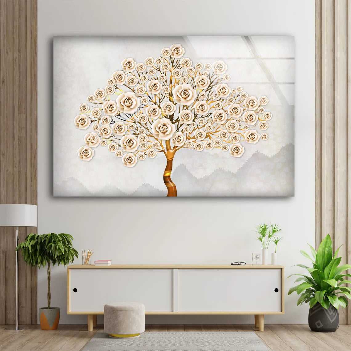 Gold & Beige Abstract Flowers Tree Design Acrylic Glass Print Tempered Glass Wall Art 100% Made in Australia Ready to Hang