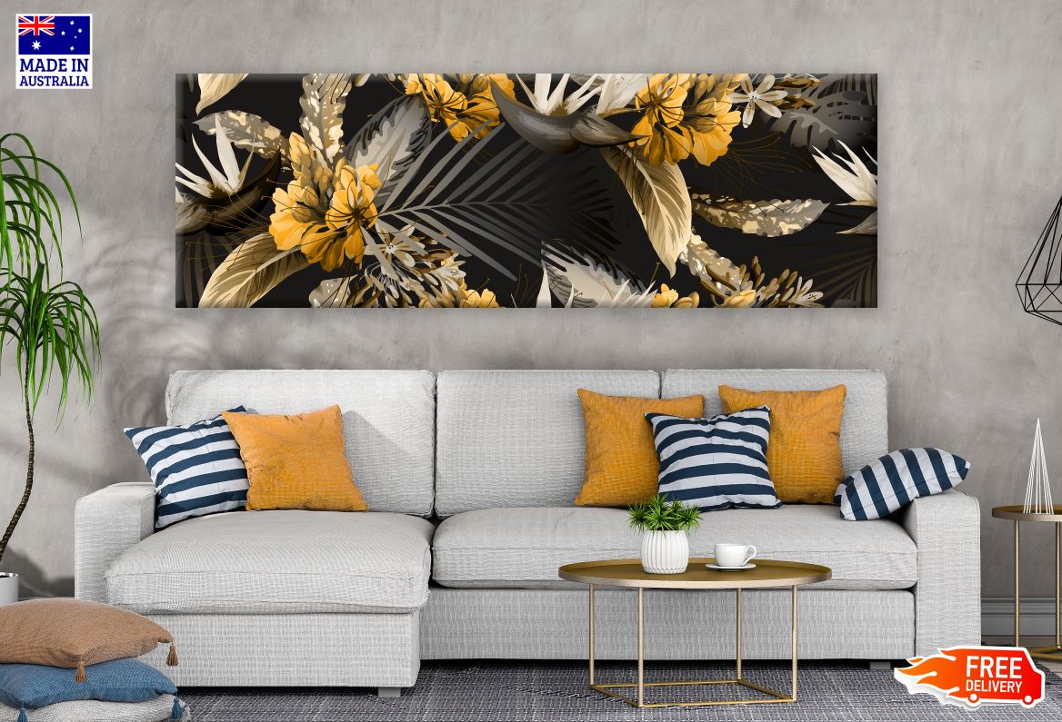 Panoramic Canvas Abstract Gold Black Floral Art High Quality 100% Australian made wall Canvas Print ready to hang