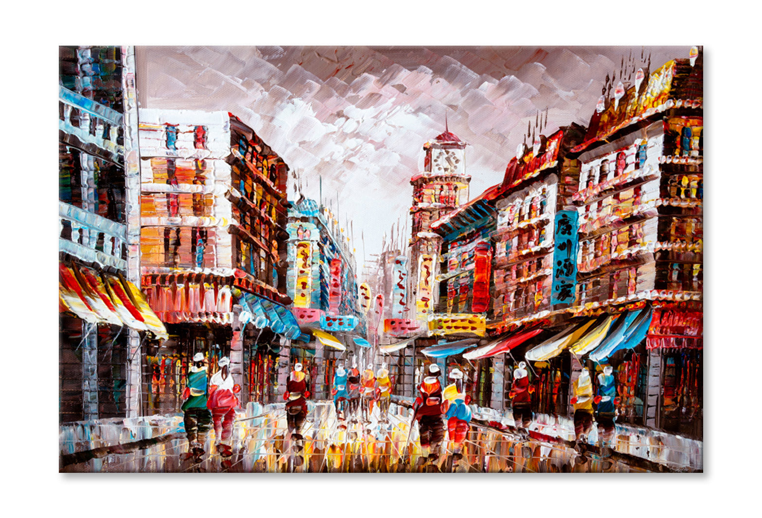 People Walking in Street of Hong Kong Oil Painting Wall Art Limited Edition High Quality Print Stretched Canvas None