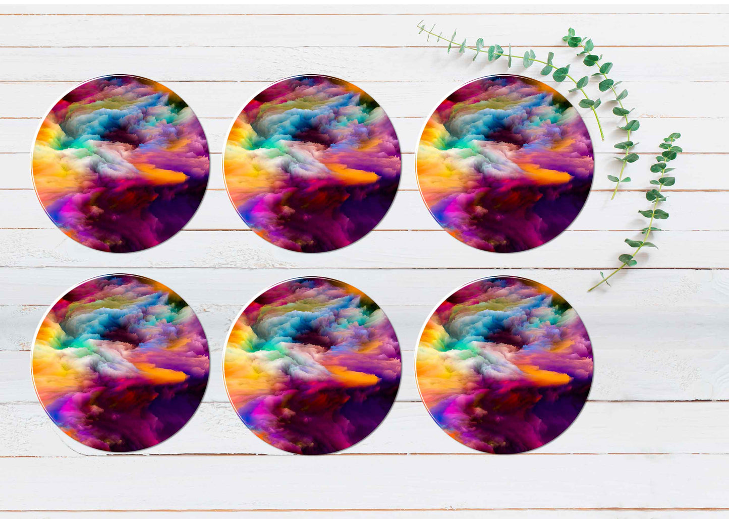 Colorful Rainbow Abstract Painting Coasters Wood & Rubber - Set of 6 Coasters