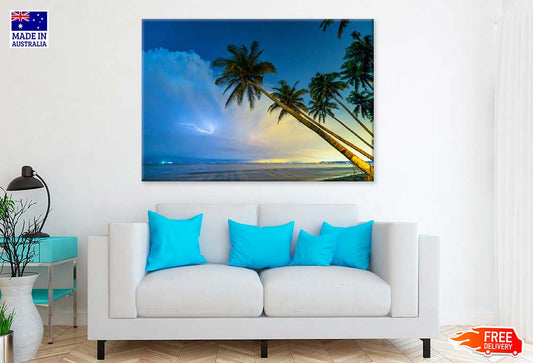 Palm Trees near Sea & Lighting on Sky View Photograph Print 100% Australian Made