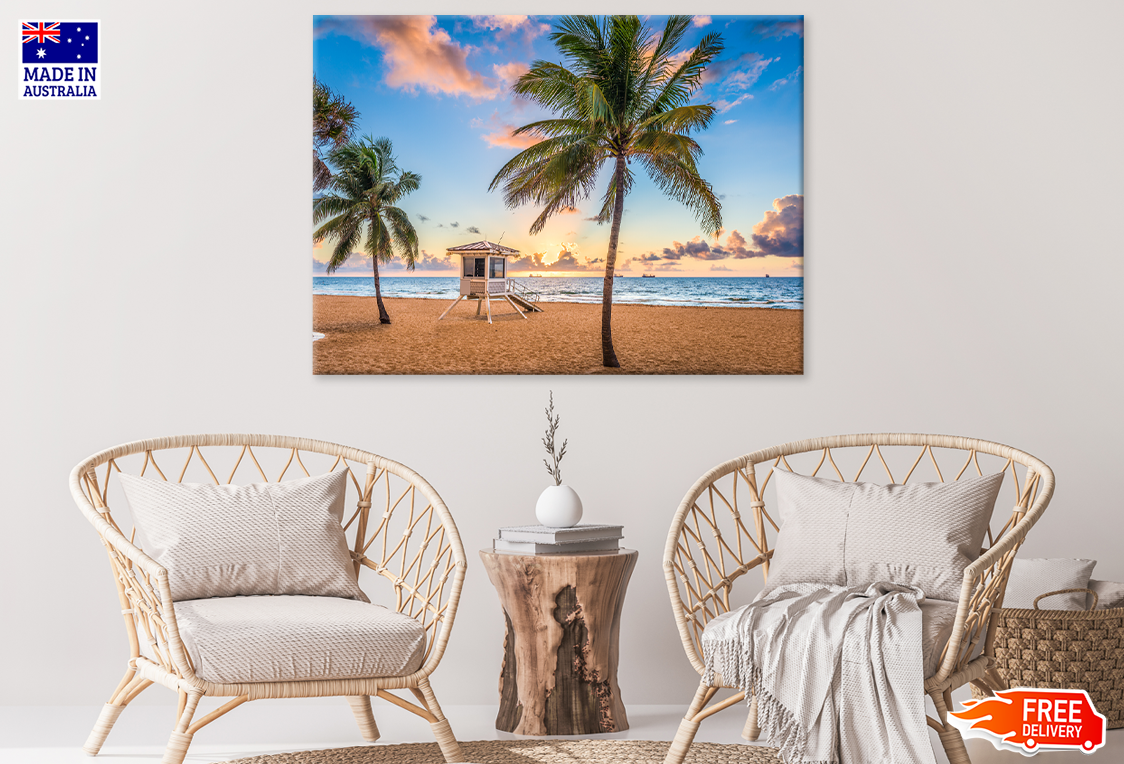 Palm Trees & Beach Huts Sea View Print 100% Australian Made