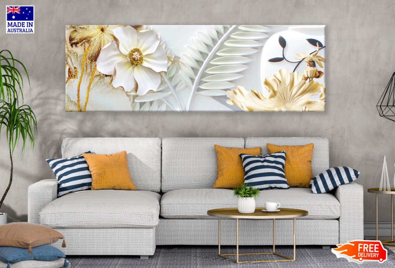 Panoramic Canvas 3D White & Gold Floral Design High Quality 100% Australian made wall Canvas Print ready to hang