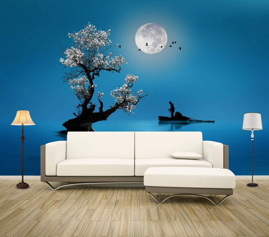 Wallpaper Murals Peel and Stick Removable Tree & Boat on Beach Under Moon Light High Quality