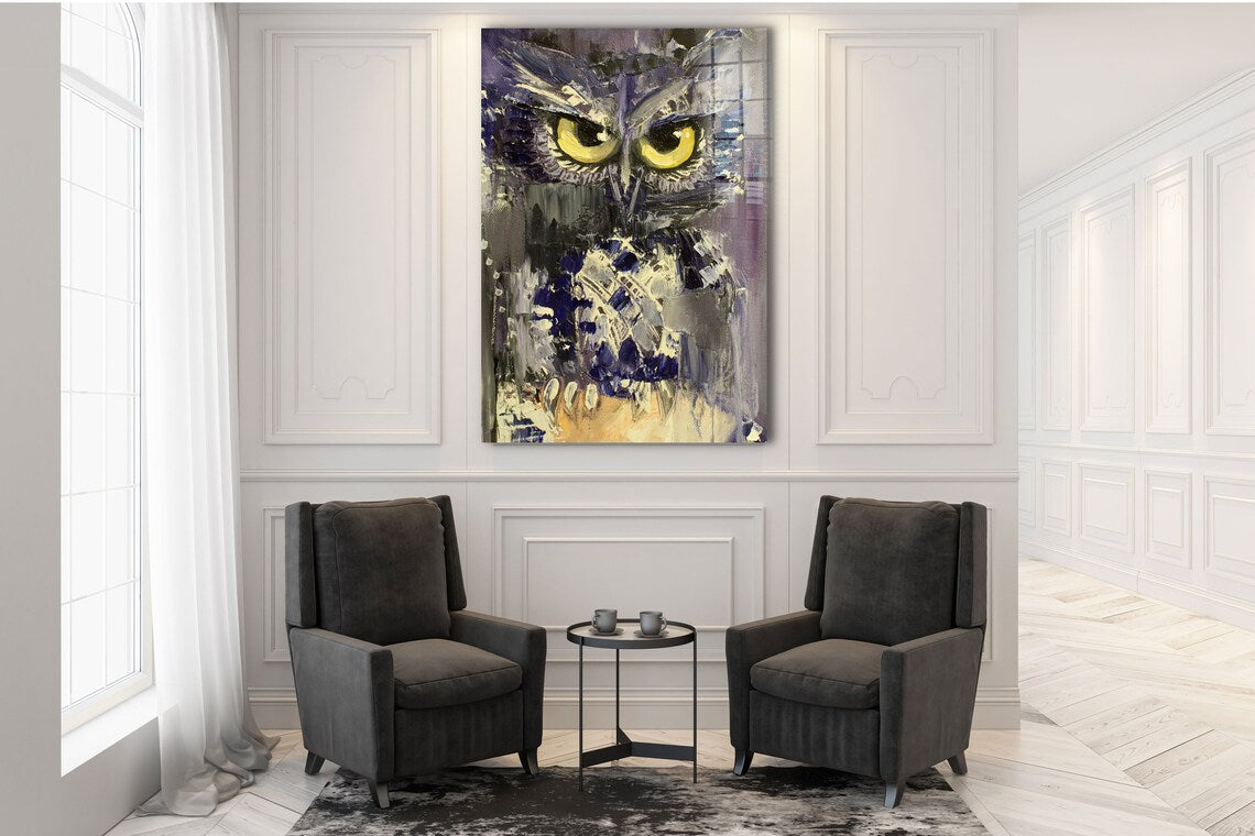 Yellow Eye Owl Painting Print Tempered Glass Wall Art 100% Made in Australia Ready to Hang