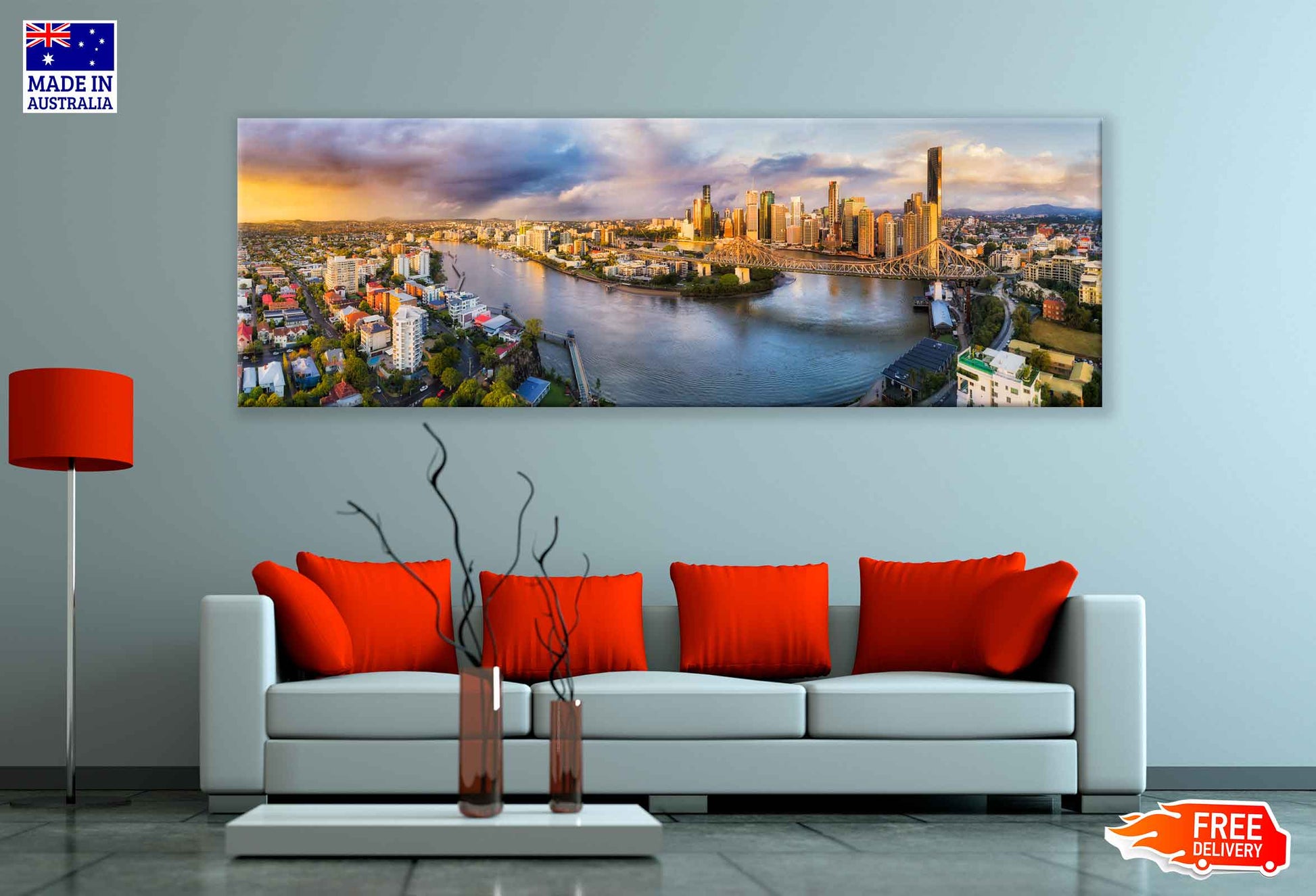 Panoramic Canvas Brisbane City With Buildings High Quality 100% Australian Made Wall Canvas Print Ready to Hang