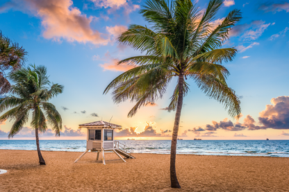 Palm Trees & Beach Huts Sea View Print 100% Australian Made