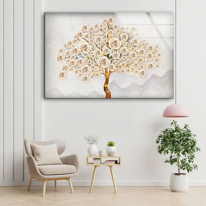 Gold & Beige Abstract Flowers Tree Design Acrylic Glass Print Tempered Glass Wall Art 100% Made in Australia Ready to Hang