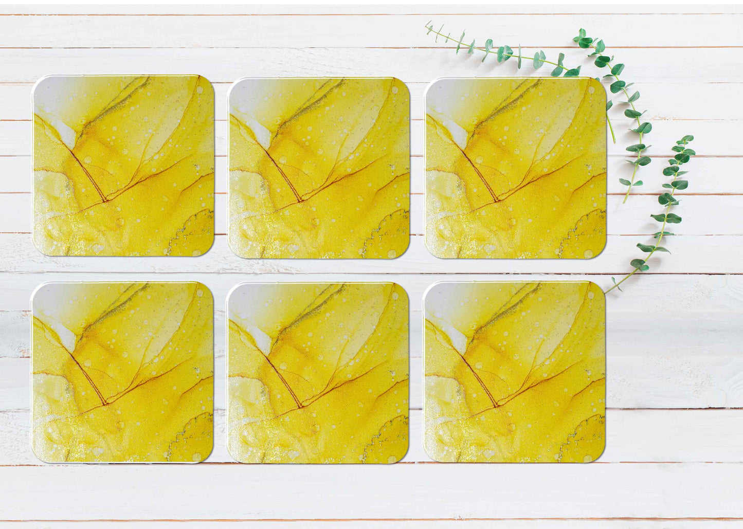 Yellow & Gold Abstract Painting Coasters Wood & Rubber - Set of 6 Coasters