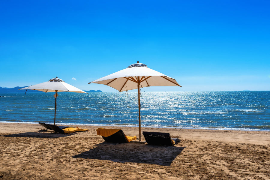 Chairs Umbrella near Tropical Sea View Photograph Print 100% Australian Made