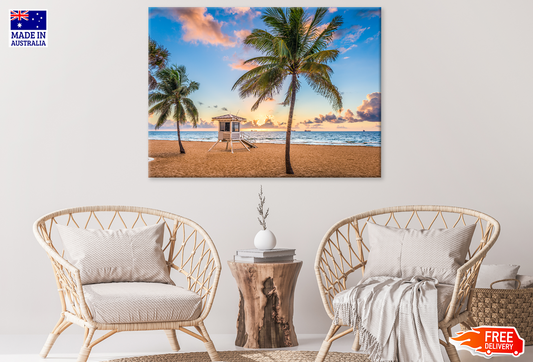 Palm Trees & Beach Huts On Sea View Print 100% Australian Made