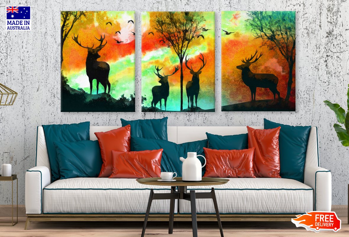 3 Set of Abstract Deers Night High Quality print 100% Australian made wall Canvas ready to hang